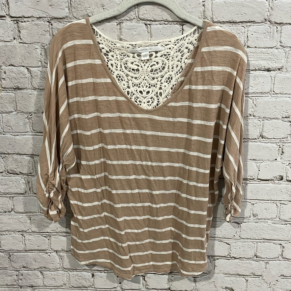 Lace-Back Striped Dolman Top - Beige/White